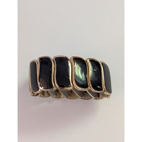 Vintage Gold-Tone & Black Enamel Hinged Bracelet Made In Hong Kong - Picture 1 of 3